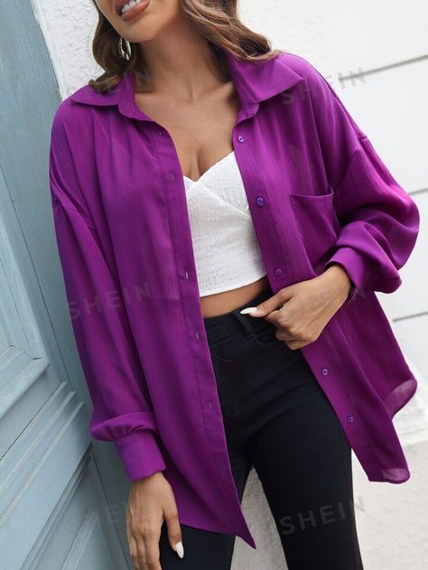 Free Returns ✓ Free Shipping✓. SHEIN LUNE Solid Button Front Pocket Patched Shirt- Women Blouses at SHEIN. Purple Button Down Shirt Outfit, Dark Purple Shirt Outfit, Satin Button Down Shirt Outfit, Purple Shirt Outfit, Dark Purple Shirt, Purple Shirt Outfits, Patched Shirt, Button Down Shirt Outfit, Satin Button Down Shirt