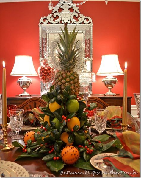 Colonial Williamsburg, Christmas Table settings Tablescape ~ I have the backdrop wall, mirror and lamps, now for the tablescape... Lime Centerpiece, Colonial Williamsburg Christmas, Williamsburg Christmas, Tafel Decor, Tree Centerpieces, Colonial Christmas, Thanksgiving Table Settings, Beautiful Table Settings, Colonial Williamsburg