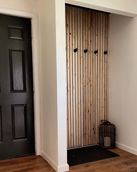 Wood Panel Hallway Entryway, Slat Wall Ideas Entryway, Slat Entry Wall, Panel Wall Entryway, Entryway Coat Wall, Slat Wall With Coat Hooks, Wall Slats Decor Entryway, Entryway Wall Organization, Open Up Closet Wall