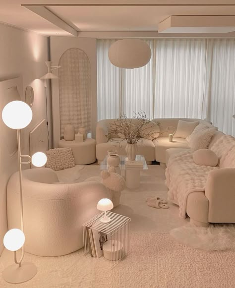 Comfy Bed Design, Cloud Apartment Aesthetic, Ethereal Living Room Aesthetic, Comfy Home Aesthetic, Comfy Living Room Decor, Cozy Modern Living Room, White Room Decor, Dream Bedroom Inspiration, Comfy Living Room