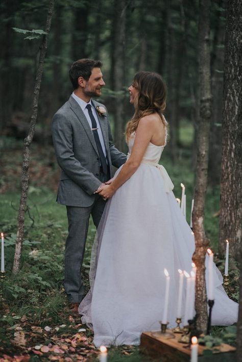 Candlelit Upstate New York Forest Vow Renewal at M & D Farm | Junebug Weddings Intimate Vow Renewal Ideas 10 Year, Spring Vow Renewal Ideas, Forest Vow Renewal, Vow Renewal Photoshoot, Vow Renewal Ideas, Forest Fairytale, Candlelit Ceremony, Vowel Renewal, Renewal Ceremony