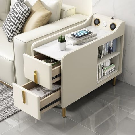 Modern Multifunctional Narrow Side Table Sintered Stone Top End Table Speaker & USB Port Small Theatre Room Ideas, Deep Couch, Narrow Side Table, End Tables With Drawers, Multipurpose Furniture, Metal Side Table, Small Side Table, Sintered Stone, Sofa Side Table