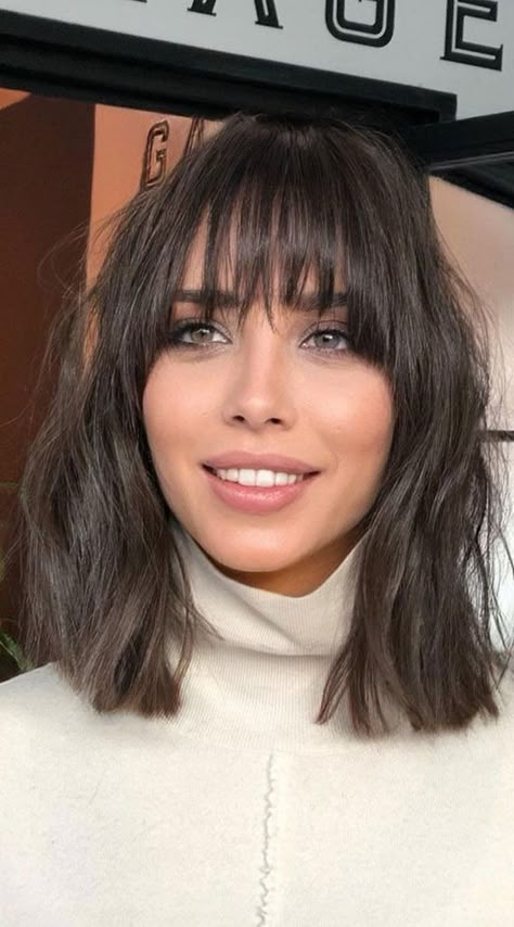 Cute Haircuts With Bangs And Layers, Layered Lob Haircut For Fine Hair, Brown Medium Hair With Bangs, Shoulder Length Hair With Straight Bangs, Medium Length Hair Bob Styles, Short Black Hairstyles With Bangs, Layered Bob With Bangs Straight Hair, Medium Short Length Haircut With Bangs, Medium Straight Haircut With Bangs