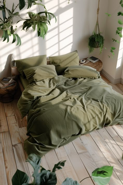 Shop: back2linen.etsy.com 🤍 Transform your bedroom into a peaceful retreat with this 100% Linen Bedding Duvet Cover Set - Neatly crafted from the finest Natural French Flax. Embrace the remarkable comfort and timeless elegance of this premium bedding, that is designed to improve your sleep experience and elevate your bedroom décor. This linen bedding set includes a soft duvet cover and matching pillowcases, all pre-washed for an irresistibly gentle touch against your skin. This linen duvet cove Green Bedding Single Bed, Green Duvet Grey Bed, Dark Green Duvet Cover Bedding Sets, Sage Bedding Room, Olive Green Duvet Cover Bedroom, Sage Green Bed Set Full, Sage Green Boho Bedroom Beds & Bed Frames, Boho Chic Bedding Plant, Green Bedding Astehtic