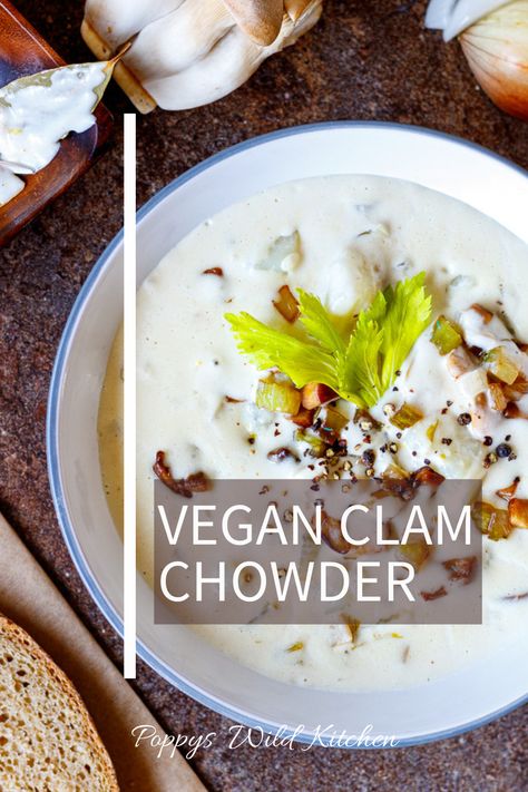 Vegan Clam Chowder, Clam Chowder New England, Meaty Mushrooms, Vegan Fish Sauce, King Oyster Mushroom, Clam Chowder Recipe, King Oyster, Vegan Fish, Chowder Recipe