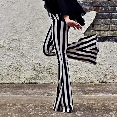 Beetlejuice Bells Mall Goth Fashion, Loose Trousers Women, Gothic Trousers, Bell Bottom Leggings, Striped Wide Leg Pants, Wideleg Pants, Loose Trousers, Flare Trousers, Casual Stripes