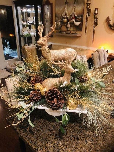 Diy Wooden Deer Christmas Decorations, Deer Christmas Centerpiece, Christmas Decor With Antlers, Christmas Decor With Deer Antlers, Deer Centerpiece Ideas, Deer Antler Christmas Decor, Sleigh Decorating Ideas Christmas, Reindeer Centerpieces, Christmas Buffet Table Decor