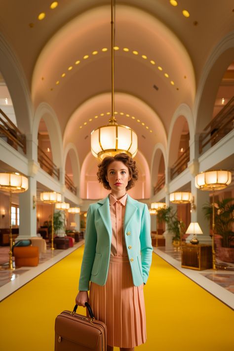 Wes Anderson style wallpaper ideas Wes Anderson Women Style, Wes Anderson Fashion Outfits, Wes Anderson Female Characters, Wes Anderson Editorial, Wes Anderson Dress, Wes Anderson Inspired Photoshoot, Wes Anderson Style Photography, Wes Anderson Women, Wes Anderson Aesthetic Fashion