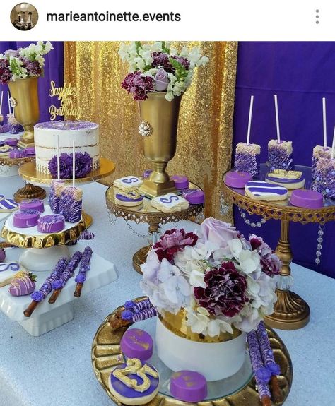 Purple, gold and white Dessert table. Birthday Cake Gold And White, Purple Dessert Tables, Birthday Cake Gold, White Dessert Tables, Purple Desserts, Purple Birthday Party, Gold Graduation Party, White Desserts, Baby Shower Purple