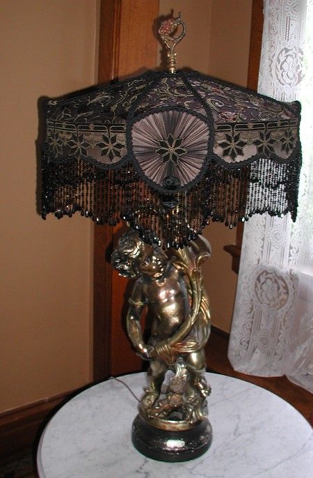 Lampshade = awesome :) Lamp = meh : / Victorian Bedroom Decor, Victorian Lamp, Vintage Lampshades, Beaded Lamps, Victorian Lamps, Victorian Lampshades, Panel Fabric, Black Lampshade, I Love Lamp