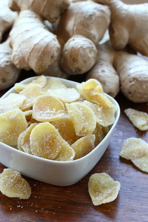 how to make homemade crystallized ginger recipe 1 pound peeled and sliced ginger, preferably young/smaller roots, sliced about ⅛ inch thick (by hand or use a mandolin) Pinch of salt 2 cups white granulated sugar Extra sugar for coating Crystalized Ginger Recipe, Ginger Recipe, Crystallized Ginger, Candied Ginger, Ginger Recipes, Dehydrated Food, Ginger Root, Dehydrator Recipes, God Quotes