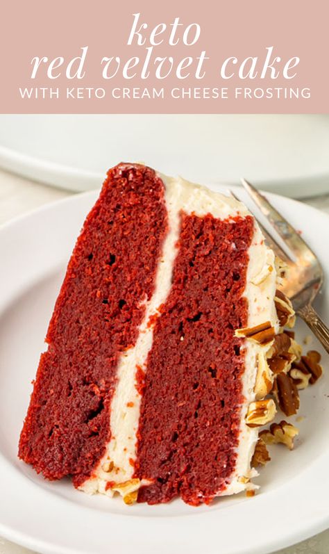 Deliciously rich, moist keto red velvet cake, topped with a fluffy keto cream cheese frosting and garnished with chopped pecans, is the perfect sugar-free dessert for holidays and special occasions. Sugar Free Red Velvet Cake, Keto Red Velvet Brownies, Low Carb Red Velvet Cake, Red Velvet Keto Cake, Red Velvet Chaffle Keto, Keto Cream Cheese Frosting, Keto Cream Cheese, Two Layer Cakes, Keto Cream