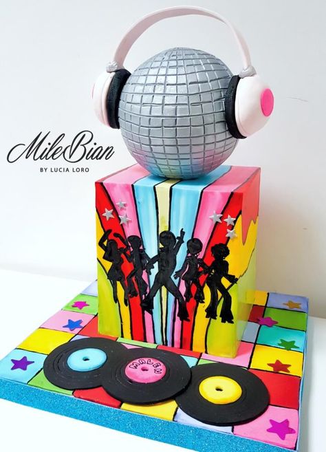 Handpainted Disco Party  by MileBian Festa Rock Roll, Dj Cake, Disco Cake, 70s Party Theme, Music Cakes, Dance Party Birthday, Disco Birthday Party, Disco Theme, 70s Party