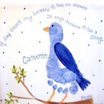 Created by IT'S YOUR POTTERY...Definitely a perfect  design for Spring! Hand Print Birds, Bird Footprint Art, Spring Finger Painting For Kids, Bird Crafts For Toddlers, Blue Bird Handprint Craft, Baby Hand Prints, Handprint Cards, Bird Footprint, Ella Jane