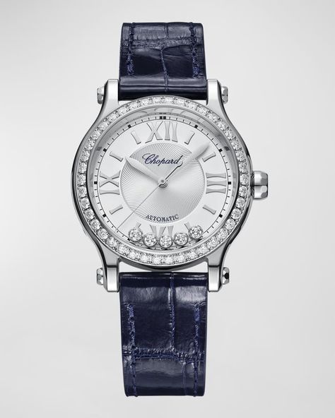 Chopard Watch, Bezel Diamond, Diamond Watch, Sport Watches, Roman Numerals, Automatic Watch, Blue Leather, Pave Diamonds, Stainless Steel Case