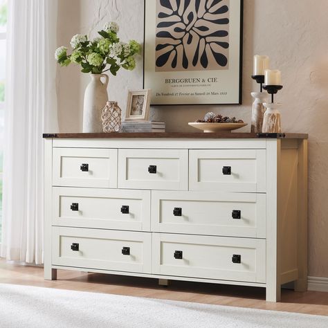 PRICES MAY VARY. Farmhouse 7-Drawer Dresser: Natural and warm antique finishes may display natural weathering, unique cracks, splits, or other organic features, giving every piece a unique look, and adding a touch of a homey and rustic farmhouse aesthetic to your space while a fluent linear border on the drawer faces, hand-rubbed burnished hardware, and a classic barn sign on the side provide sophisticated architectural detailing. You’ll love living with them for years to come! Lots of Storage S Bedroom White Dresser Decor, Mirrors For Dressers, Dresser For Changing Table, White Dresser With Wood Top, Top Of Dresser Organization, Decorate Dresser Top, Above Dresser Decor, Top Of Dresser Decor, Farmhouse Dresser Makeover