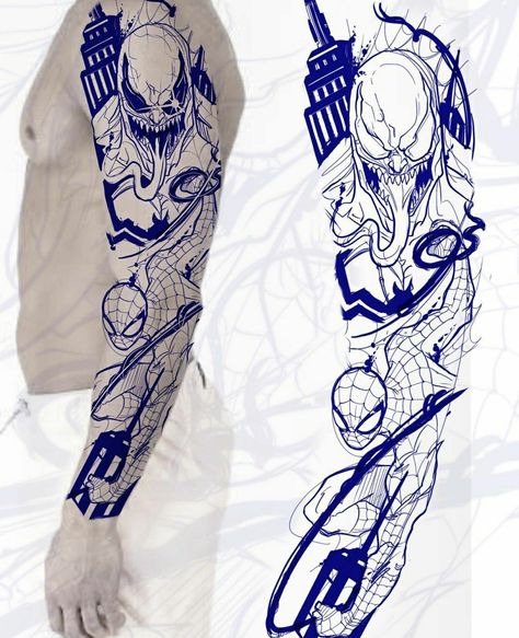 Marvel Tattoo Sleeve, Marvel Tattoo Ideas, Venom Tattoo, Mangas Tattoo, Spiderman Tattoo, Full Tattoo, Comic Tattoo, Full Sleeve Tattoo Design, Marvel Tattoos