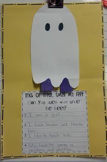 Halloween Writing Craft: "Trick or treat, smell my feet. Can you guess who's under the sheet?" {FREEBIE} 2nd Grade October Art Projects, Halloween Writing Activities First Grade, Halloween Ela Activities First Grade, Halloween Writing Grade 1, Ghost Writing Activity, October Writing First Grade, Halloween Art For Grade 1, First Grade Fall Writing Craft, Halloween Craft For Second Grade