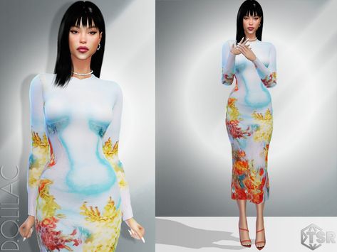 Sims 4 Long Sleeve Dress, Sims 4 Long Sleeve, Sims Cc Outfits, Sims Dresses, Sims 4 Cc Female, The Sims 4 Female Clothing, Printed Satin Dress, Blue Flower Dress, Leather Midi Dress