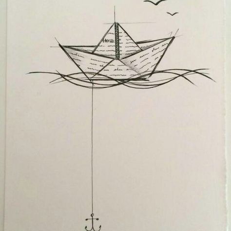 Origami Boat Drawing, Origami Boat Tattoo, Paper Ship Tattoo, Paper Boat Drawing, Paper Boat Tattoo, Paper Plane Tattoo, Anchor Drawings, Pirate Ship Tattoo, Boat Tattoo