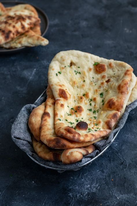 Vegan Homemade Restaurant Style Naan • The Curious Chickpea Nan Bread, Vegan Naan, Cassava Flour Recipes, Stuffed Breads, Vegan Bread Recipe, Homemade Flour, Indian Breads, Vegan Indian Recipes, Bread Baskets