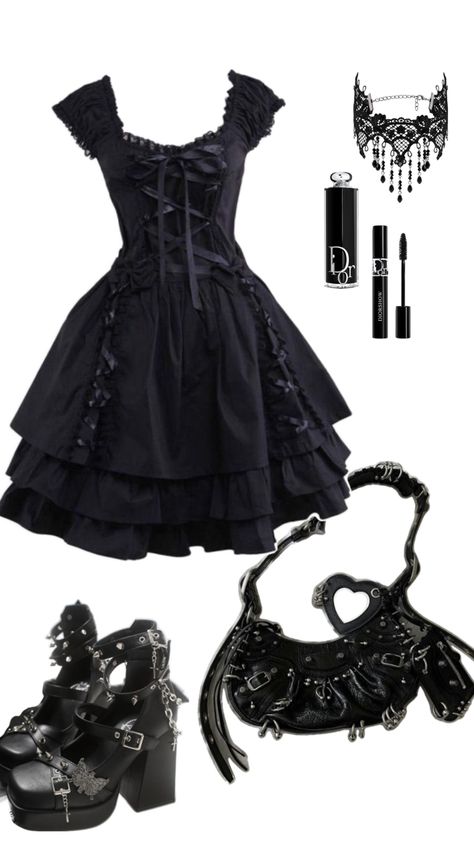 Emo School Dance Outfits, Emo Birthday Outfit, Goth Graduation Outfit, Misa Outfit, Black Gothic Outfit, Wednesday Wardrobe, Goth Moodboard, Black Dress Goth, Emo Prom