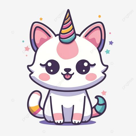 cute card in kawaii style little unicorn cat with horn happy white kitten unicon cartoon unicon ca Kids Tshirt Designs, Animal Cartoons, Unicorn Cartoon, Cat Unicorn, Easy Valentine Crafts, Whimsical Art Paintings, Cat Png, White Kitten, Kid Art