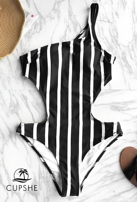 Neat black-and-white color supplemented with sexy one-shoulder and waist-cut design. What else can make you feel better than it? Shop this look > Diy Bathing Suit, Elegante Y Chic, Poppy Print, Striped One Piece, Costume Intero, Beach Swimsuit, Latest Outfits, Vertical Stripes, Online Fashion Stores