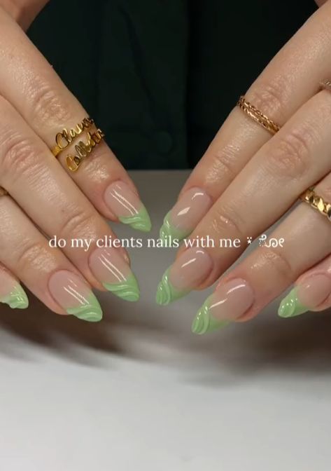 Light green 3D nails Pastel Green Nails Almond, Green 3d Nails, Light Green Acrylics, Light Green Nails Designs, Matcha Nails, Light Green Nails, Lime Nails, 3d Nail Designs, Almond Acrylic