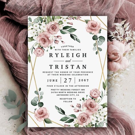 Dusty Rose Pink and Gold Floral Greenery Wedding Invitation Wedding Dusty Pink, Sage And Dusty Rose Wedding, Dusty Rose And Sage Green Wedding Theme, Dusty Pink Wedding Theme, Sage Green And Dusty Pink Wedding Invitations, Dusty Pink Invitation Wedding, Dusty Pink And Grey Wedding Invitations, Dusty Rose Pink And Gold Floral Greenery, Mauve Wedding Invitations Dusty Rose