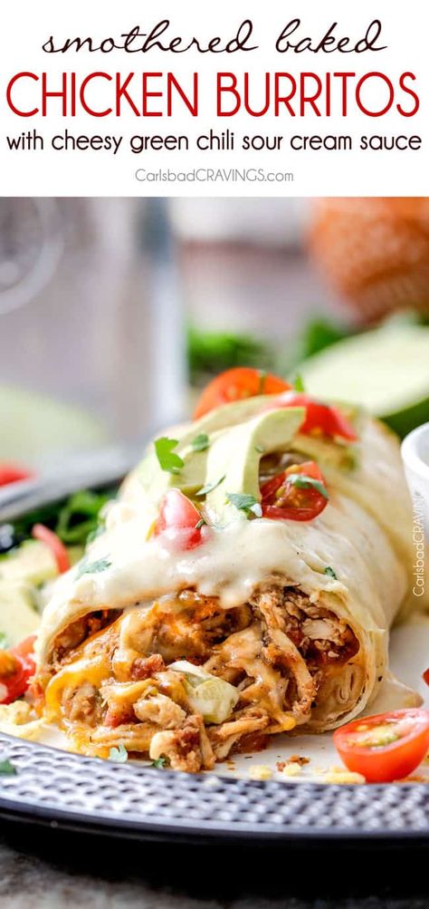 Smothered Baked Chicken Burritos AKA "skinny chimichangas" are better than any restaurant without all the calories! made super easy by stuffing with the BEST slow cooker Mexican chicken and then baked to golden perfection and smothered in most incredible cheesy green chili sour cream sauce. Chicken Burrito Recipe, Burrito Recipe Chicken, Slow Cooker Mexican Chicken, Burrito Recipe, Chicken Burrito, Carlsbad Cravings, Sour Cream Sauce, Burritos Recipe, Chicken Burritos