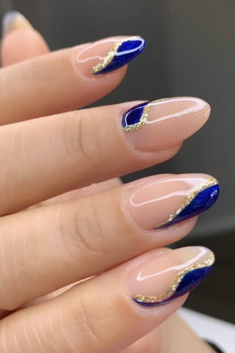 Simple Blue And Gold Nails, Navy White And Gold Nails, Dark Blue And Gold French Tip Nails, Teal And Gold Nail Designs, Ffa Nails Ideas Blue Gold, Ffa Nails Ideas, Blue And Gold Nails Short, Nails For Royal Blue Dress, Royal Blue Hoco Nails