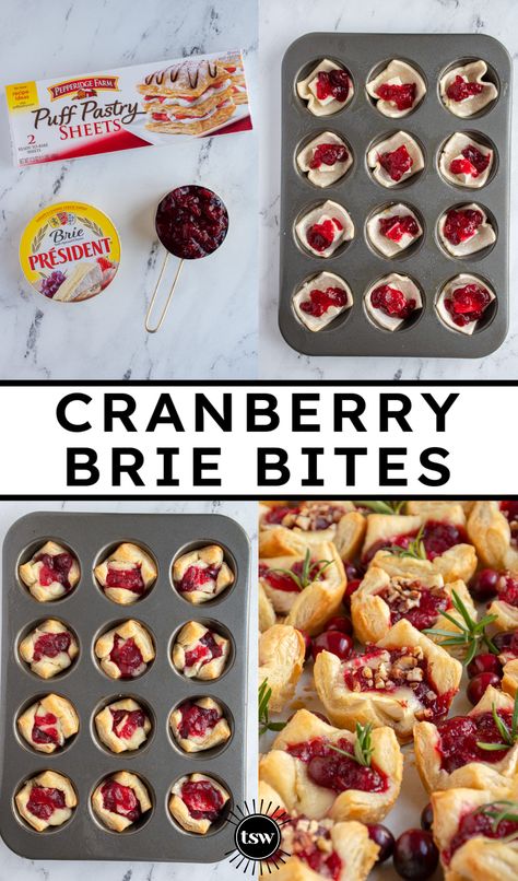 Easy Cranberry Brie Bites - The Schmidty Wife Cranberry Cream Cheese Crescent Bites, Turkey Cranberry Puff Pastry Bites, Pioneer Woman Brie Bites, Baked Brie Bites Crescent Rolls, Brie And Fig Crostini, Mini Cranberry Brie Bites, Cranberry Brie Bites With Puff Pastry, French Onion Brie Bites, Crescent Brie Cranberry