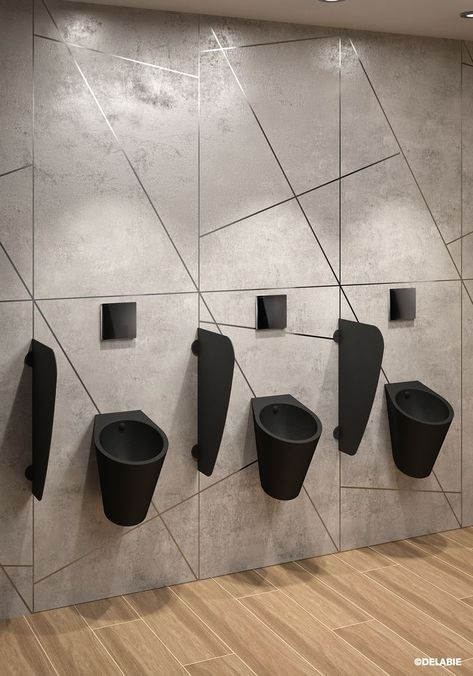 Synonymous with elegance and restraint, black sanitary ware triumphs in washrooms. Indivisible, the FINO designer urinal with Teflon® finish and the black AZA divider are the perfect pairing. Undivided, together their design is timeless. #DELABIE #urinal #menstoilets #wc #interiordesign #hotelsdesigner #restaurantdesign Urinal Design, Washroom Design, Le Duo, Sanitary Ware, Office Interior Design, Restaurant Design, Space Saving, Divider, Hotel