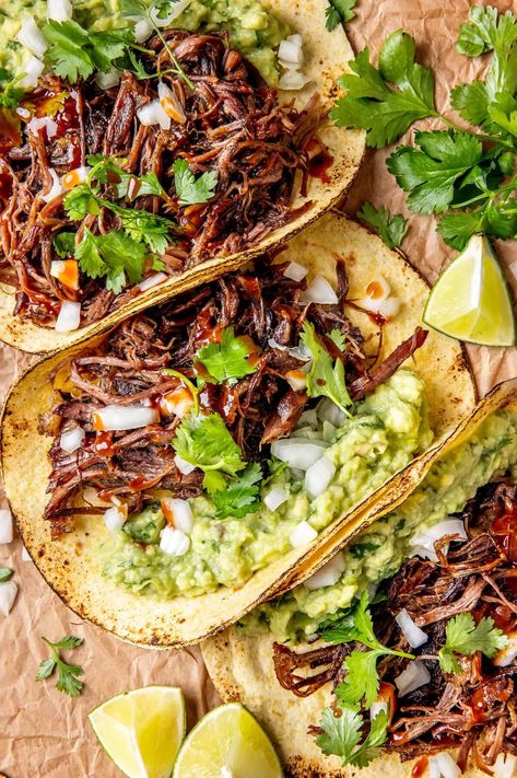 VIRAL CHUCK ROAST TACOS Street Tacos And Sides, Things To Cook With Chuck Roast, Chuck Roast Crock Pot Tacos, Mexican Chuck Steak Recipes, Chuck Roast Instant Pot Tacos, Mexican Pot Roast Tacos, One Pan Taco Chuck Roast, Crockpot Chipotle Pot Roast Tacos Half Baked Harvest, Chuck Steak Fajitas