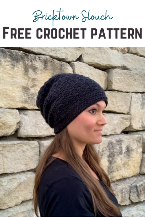 Introducing the Bricktown Slouch: one of the easiest slouchy beanie crochet patterns around. Classy and textured, it's a perfect starting point for beginners with only the single and double crochet techniques required. Measure as you go with our detailed sizing chart to ensure perfect gauge. Slouchy Hats Crochet Pattern Free, Free Crochet Slouch Hat Patterns For Women, Crochet Rectangle Beanie, Women’s Crochet Hat Pattern, Crochet Slouch Hats Free Pattern Easy, Crochet Tube Hat Free Pattern, Free Crochet Hat Patterns For Women Beanie, Slouch Crochet Hats Free Pattern, Womens Beanie Crochet Pattern