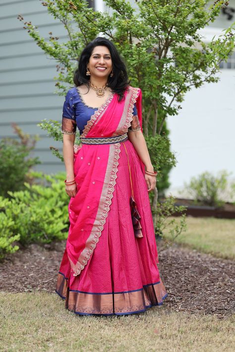 Pink and Navy blue Pattu Langa Voni / half saree💖💙  The blouse has intricate Maggam work/ hand work and comes with Maggam work belt. Size: 38/40 Pattu Langa Voni Half Saree, Langa Voni Half Saree, Half Sari, Pattu Langa, Langa Voni, Long Blouse Designs, Maggam Work Blouse, Full Sleeve Blouse, Aari Blouse