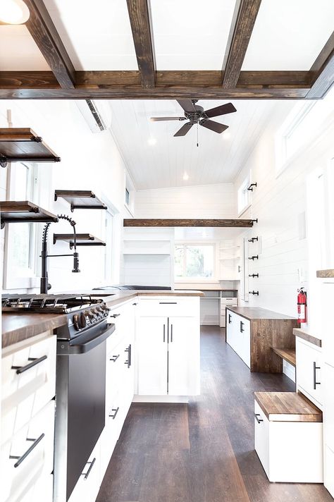 Van Renovation, Housing Architecture, Bus Ideas, Boston Apartment, House Staircase, Small Tiny House, Patio Kitchen, Tiny House Kitchen, Kitchen White