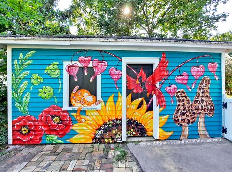 Garden Shed Mural Ideas, Fun Shed Painting Ideas, Shed Murals Outdoor, Whimsical Mural, Barn Mural, Backyard Mural, Fence Murals, Painted Garden Sheds, Flower Murals