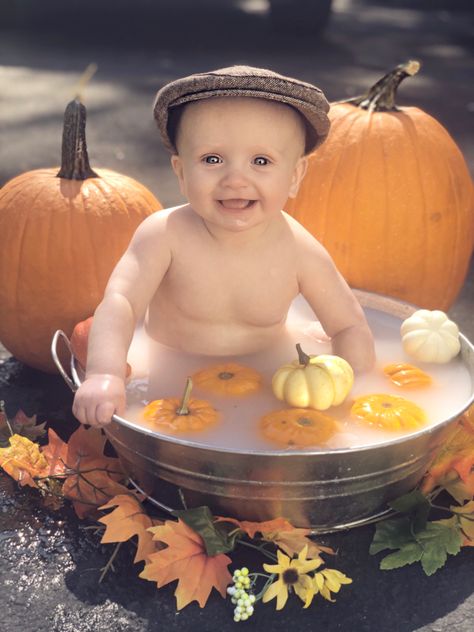 Fall Milk Bath Photography, Milk Bath Ideas, Fall Milk Bath, Halloween Baby Pictures, Milk Bath Photoshoot, Fall Baby Photos, Bath Photos, Baby Milk Bath, Bath Photoshoot