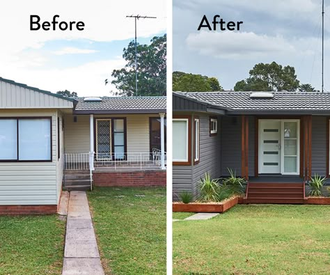 This achievable exterior makeover proves a basic suburban home with dated aluminium windows can have street appeal with a few simple updates Turning a plain, dated home into the smartest on the street This house could be in any suburban street in New Zealand. It’s neat and tidy, looks in solid condition and it’s probably … Weatherboard House, Architecture Renovation, Home Exterior Makeover, Exterior Renovation, Furniture Packages, Exterior Makeover, Exterior Remodel, Up House, Flipping Houses