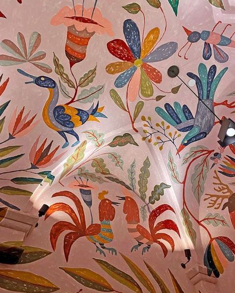 Abel Macias (@abelmac) • Instagram photos and videos Abel Macias, Otomi Embroidery, Folk Illustration, Mexican Furniture, Office Mural, Ceiling Murals, Hand Painted Wall Art, The Lobby, Murals Street Art