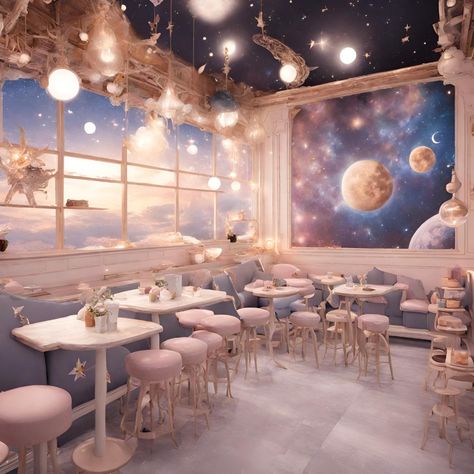 Indulge in a celestial escape at our ethereal cafe, where the cosmos align with culinary delights. Bask in the glow of starlit ambiance, surrounded by cosmic decor and celestial flavors that transport you to otherworldly realms. 🌌✨ Join us for a cosmic rendezvous under the stars. #CelestialCafe #StellarEats #GalacticGastronomy #CosmicAmbiance #StarlitDining #AstralAdventures #HeavenlyFlavors #SpaceInspired #CafeConstellation Space Themed Cafe, Alien Stage Cafe, Astrology Coffee Shop, Space Cafe Concept Art, Astrology Cafe, Star Cafe, Themed Cafes, Coffee Shop Aesthetic, Fantasy Decor