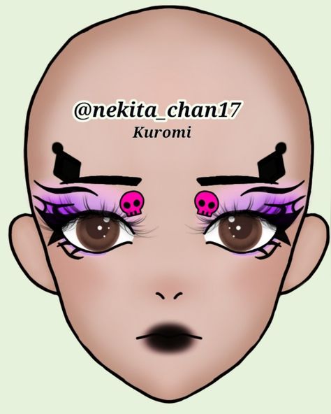 Makeup sanrio Sanrio Inspired Makeup, Sanrio Makeup Look, Makeup Ideas Drawing, Kuromi Makeup, Liner Ideas, Sanrio Makeup, Eyeliner Ideas, Girl Face Painting, Makeup Charts