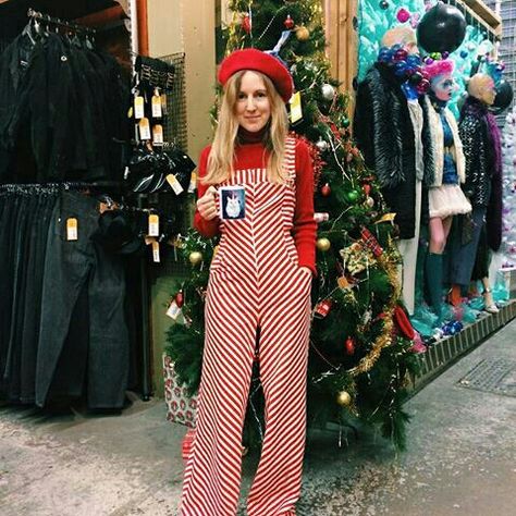 Vintage striped Chevron dungarees from Beyond Retro | Christmas spirit is on top at Cheshire street! Our Supervisor Lauren is looking sweet in a 1970's candy cane striped jumpsuit! #vintagechristmas #beyondretro #bricklane Wig Hat, From Beyond, Candy Cane Stripes, Jumping For Joy, Christmas Costumes, Striped Jumpsuit, Moda Vintage, Christmas Candy Cane, Mode Vintage