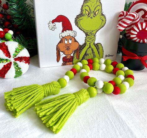 Diy Grinch Tiered Tray, Grinch Wood Bead Garland, Grinch Christmas Kitchen Decor, Grinch Christmas Crafts Diy, Beaded Tree Ornaments, Grinch Inspired Christmas Decor, Grinch Kitchen Decor, Diy Grinch Decor, Grinch Christmas Diy