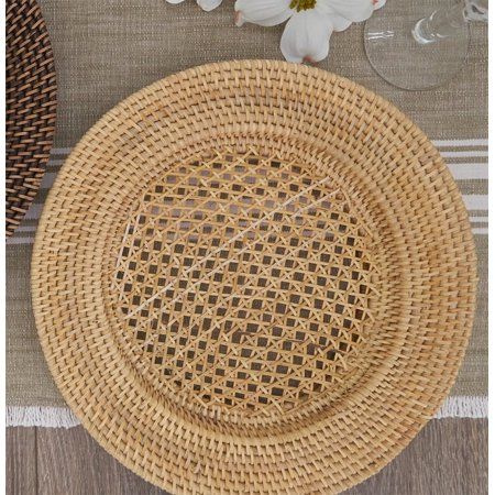 HANDMADE RATTAN CHARGER PLATES, SET OF 4  Add texture and style to your dinner table with this Handmade Rattan Charger. This natural decorative charger features a simple woven design creating a farmhouse or modern rustic look that will easily blend with your existing decor. These round charger plates are the perfect choice to protecting your dining table from a hot plate or saucy spill, or just adding a decorative touch beneath your dinnerware. PERFECT DCOR CHARGERS  At 13 inches in diameter, th Square Plates Chargers, Charger Plate Napkin, Everyday Charger Plates, Fall Plate Chargers, Jute Table Runner Round Table, Acacia Charger Plate, Birch Charger Plates, Charger Plates Dining Table, Round Boho Table Setting