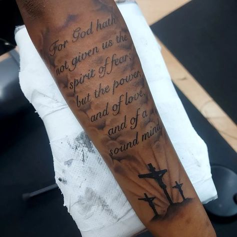 Bible Verse Script Tattoo, Bible Quote Forearm Tattoos, Upper Arm Bible Verse Tattoo, Script Sleeve Tattoo, Forearm Scripture Tattoo Men, Mens Script Tattoos, Men Bible Verse Tattoos, Bible Verse Tattoos For Men Forearm Scriptures, Bible Verses For Strength Tattoo