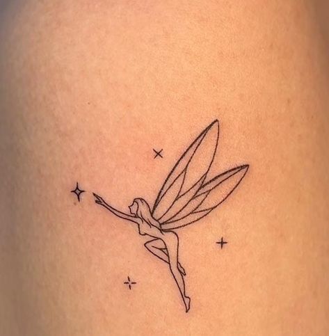 Fairy Behind Ear Tattoo, Fine Line Simple Tattoo, Small Fairy Tattoos Simple, Frog Fairy Tattoo, Fairy Tattoo Simple, Fairy Moon Tattoo, Dainty Angel Tattoo, Fairy Dust Tattoo, Line Art Fairy