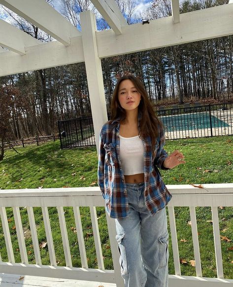 lily chee in white crop tank top with blue flannel and jeans Tank Top Winter Outfit, Blue Flannel Outfit, Outfit With Flannel, White Tank Top Outfit, Lily Chee, Blue Jean Outfits, White Crop Top Tank, Flannel Outfits, Tank Top Outfits